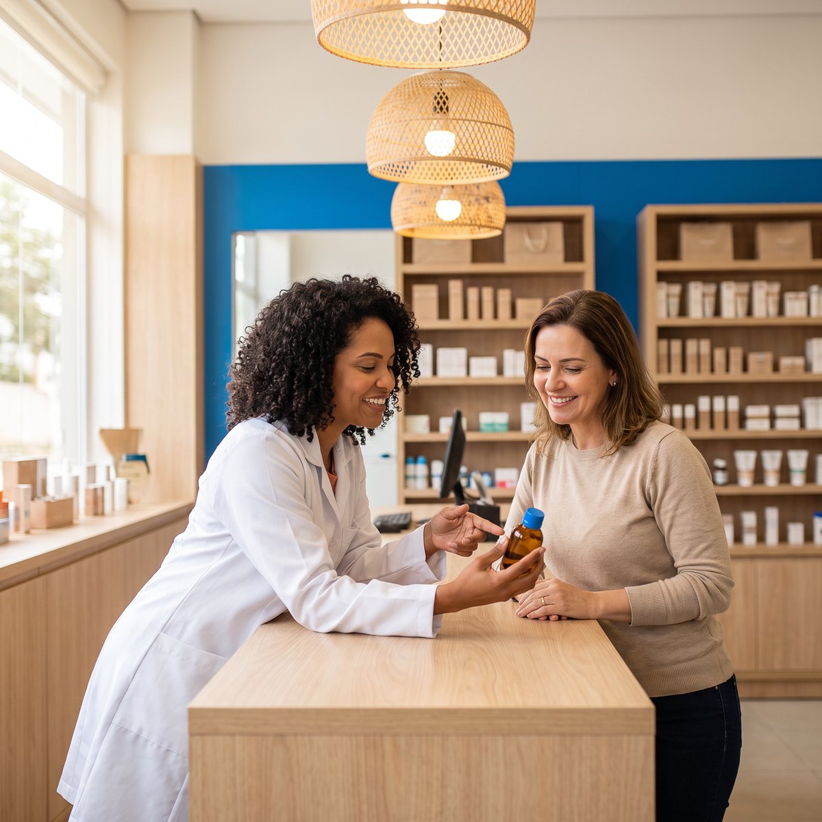 Farmacêutico orientando uma cliente